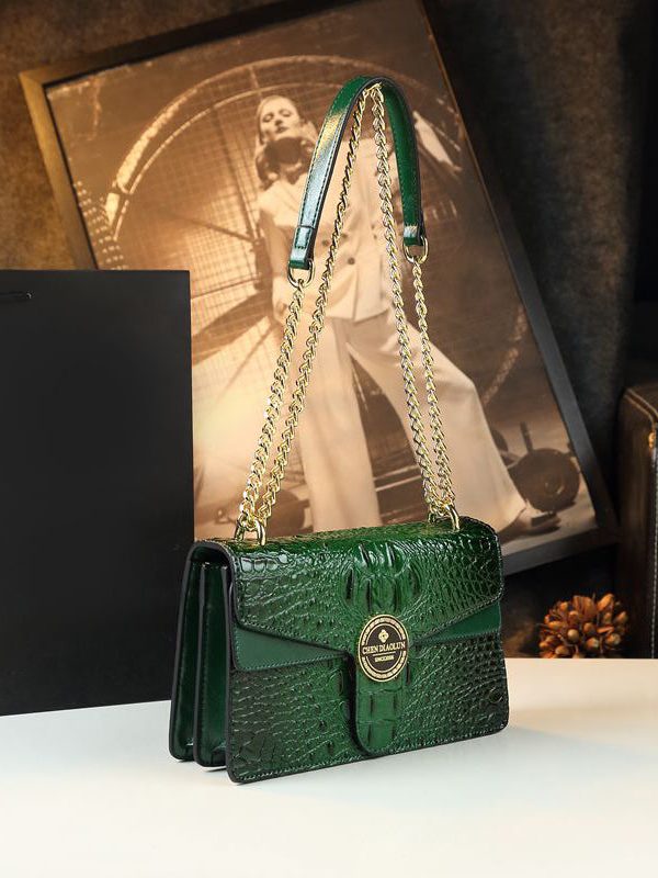 Beautiful Pink Embossed Calf Leather Chain Linked Satchel Handbag