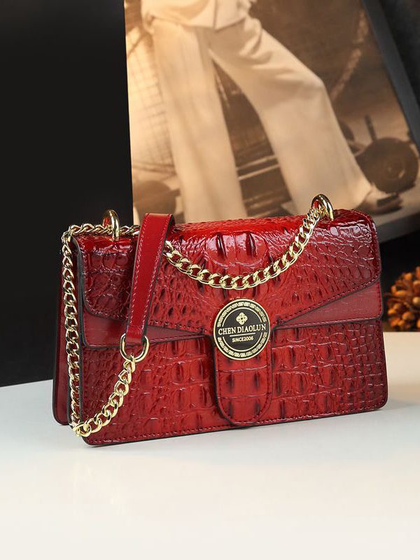 Beautiful Pink Embossed Calf Leather Chain Linked Satchel Handbag