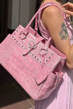 Beautiful Pink Rivet Solid Durable Faux Leather Shoulder Bags