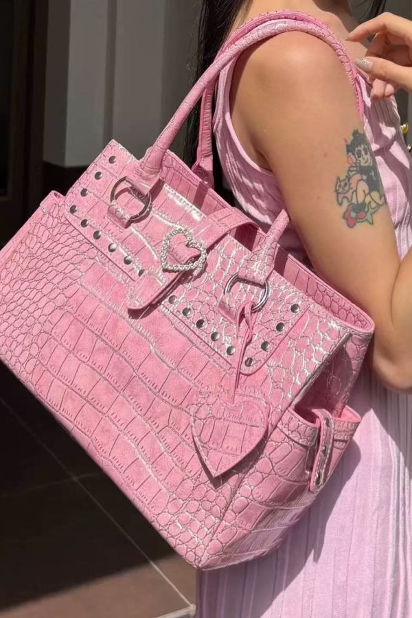 Beautiful Pink Rivet Solid Durable Faux Leather Shoulder Bags