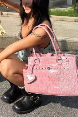 Beautiful Pink Rivet Solid Durable Faux Leather Shoulder Bags