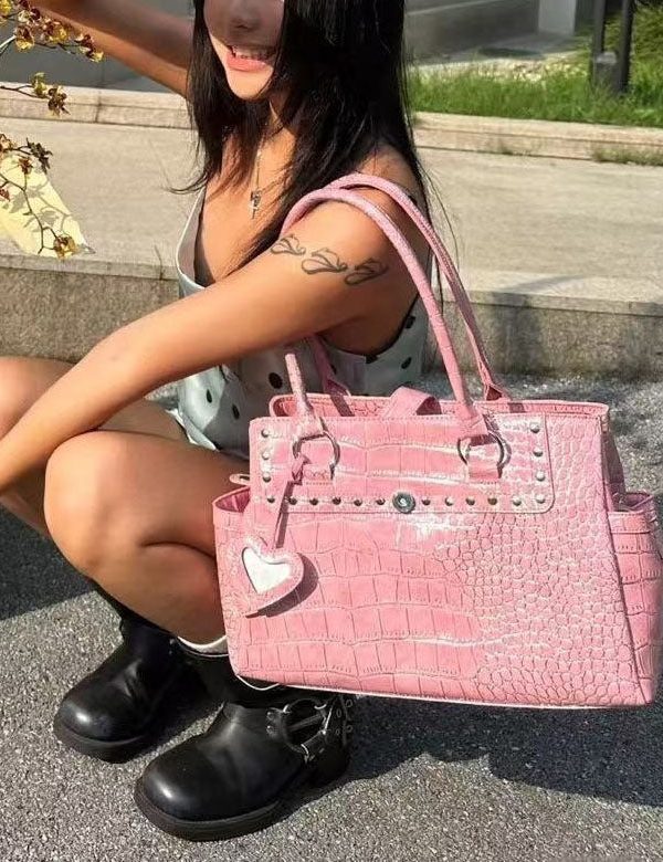 Beautiful Pink Rivet Solid Durable Faux Leather Shoulder Bags