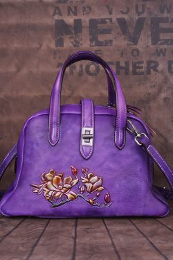 Beautiful Purple Embossing Paitings Calf Leather Satchel Handbag