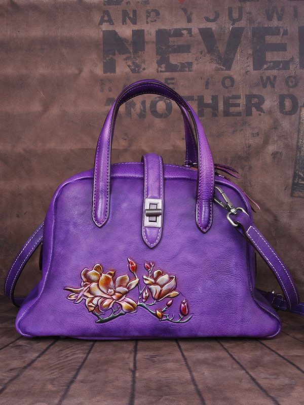 Beautiful Purple Embossing Paitings Calf Leather Satchel Handbag
