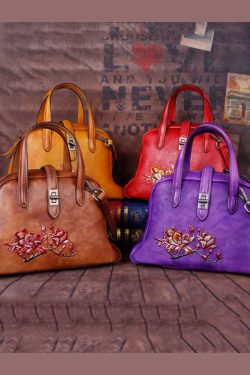 Beautiful Purple Embossing Paitings Calf Leather Satchel Handbag