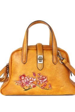 Beautiful Purple Embossing Paitings Calf Leather Satchel Handbag