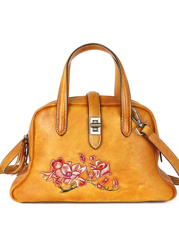 Beautiful Purple Embossing Paitings Calf Leather Satchel Handbag