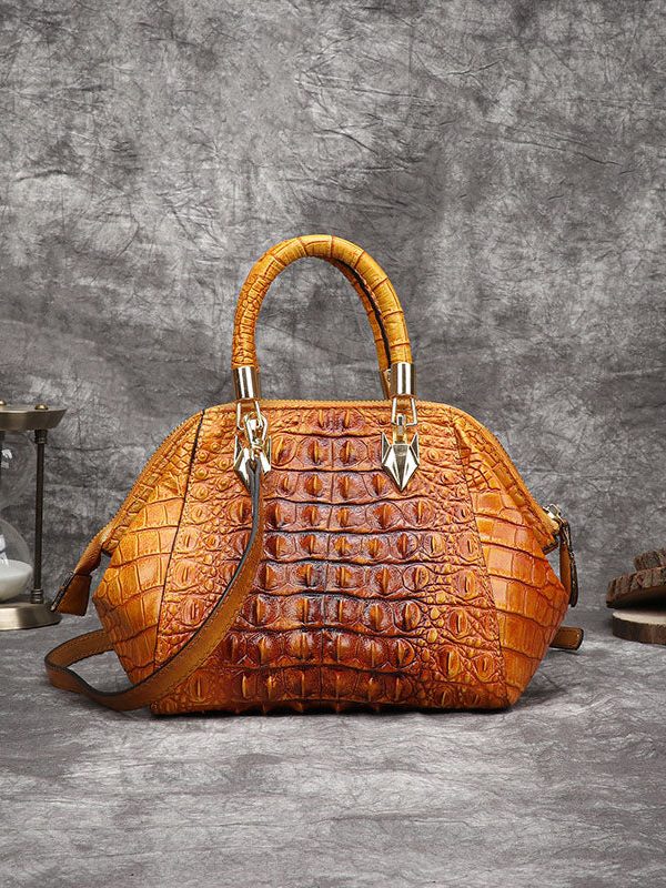 Beautiful Yellow Crocodile pattern Paitings Calf Leather Satchel Handbag