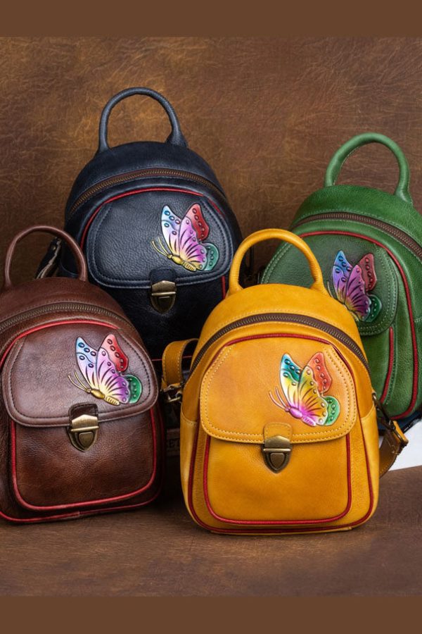Beautiful Yellow Embossing Paitings Calf Leather Backpack Bag