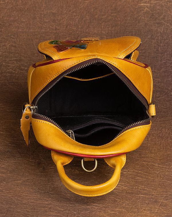 Beautiful Yellow Embossing Paitings Calf Leather Backpack Bag