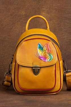 Beautiful Yellow Embossing Paitings Calf Leather Backpack Bag
