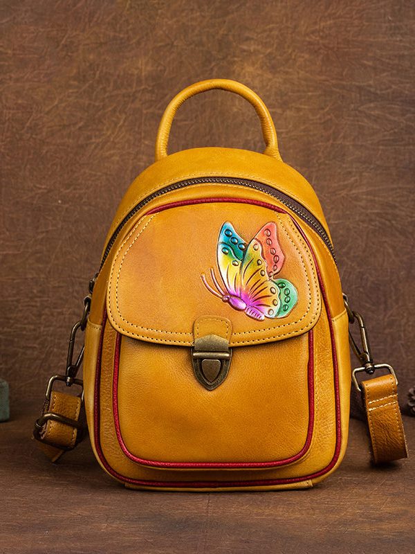 Beautiful Yellow Embossing Paitings Calf Leather Backpack Bag
