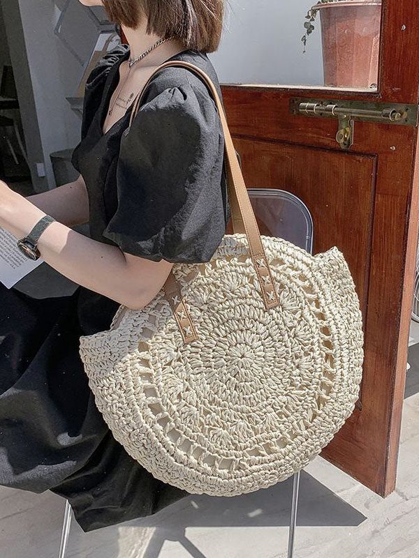 Beige Beach Satchel Handbag Straw Woven Hollow Out