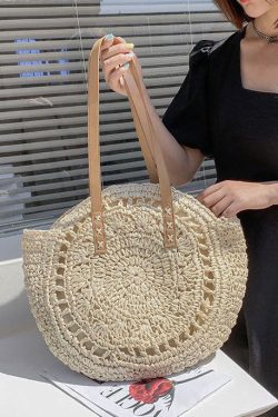 Beige Beach Satchel Handbag Straw Woven Hollow Out