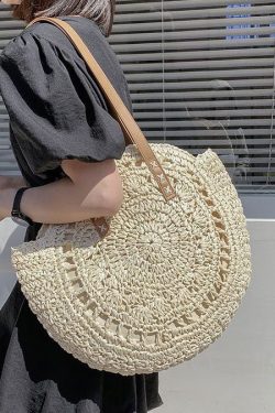 Beige Beach Satchel Handbag Straw Woven Hollow Out