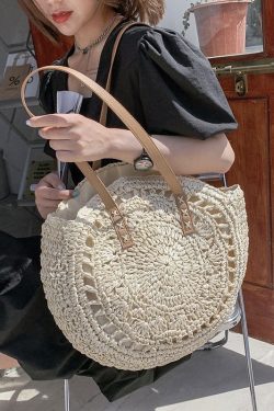 Beige Beach Satchel Handbag Straw Woven Hollow Out