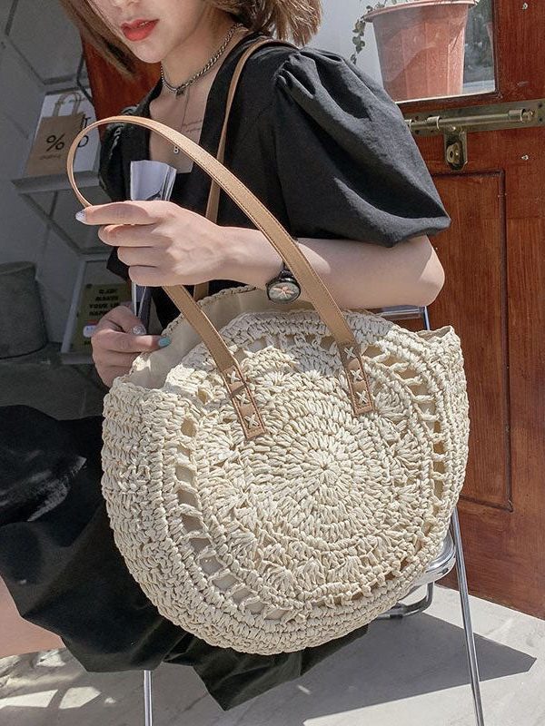 Beige Beach Satchel Handbag Straw Woven Hollow Out