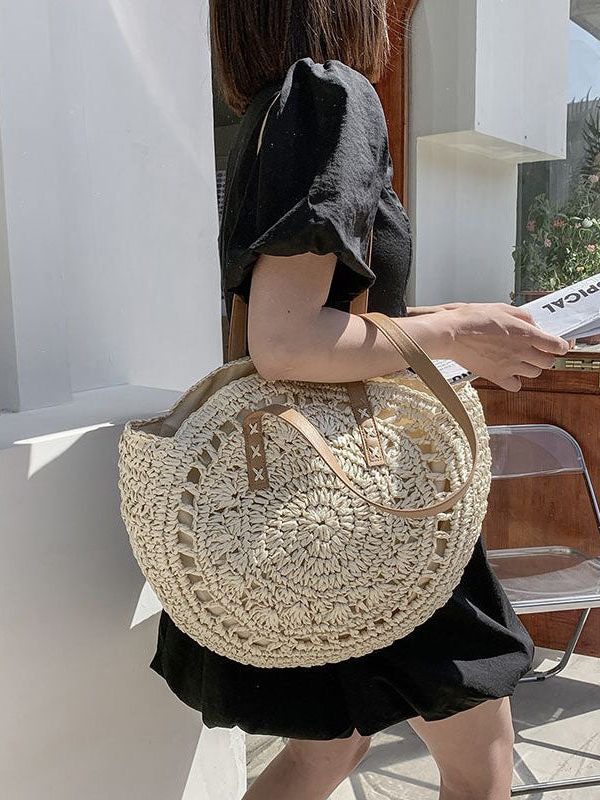 Beige Beach Satchel Handbag Straw Woven Hollow Out