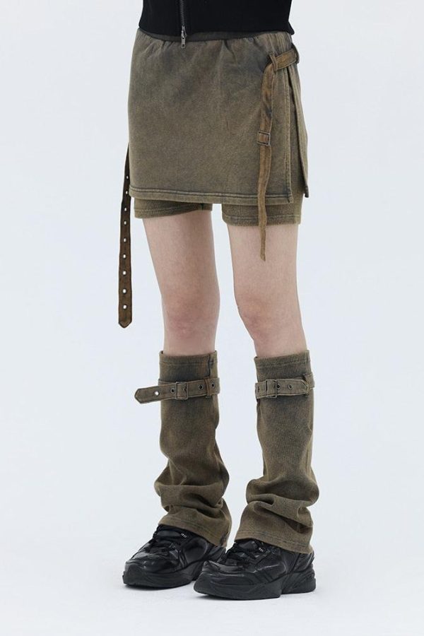 Belt Detail Denim Mini Skort With Leg Warmer