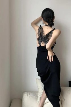 Black Butterfly Back Midi Dress