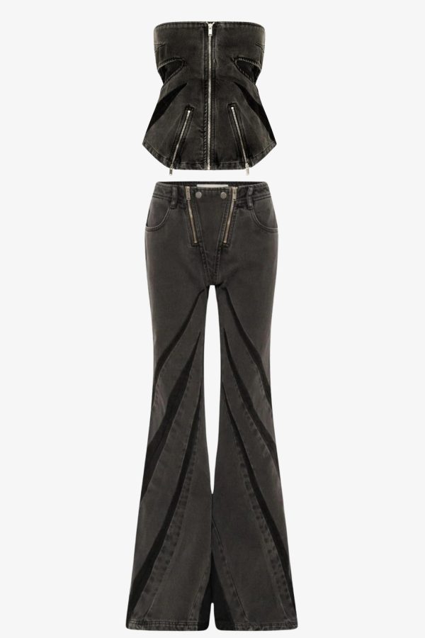 Black Denim Tube Top & Patch Jeans Two Piece Set