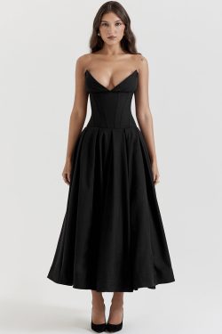 Black Plunge Corset Midi Dress