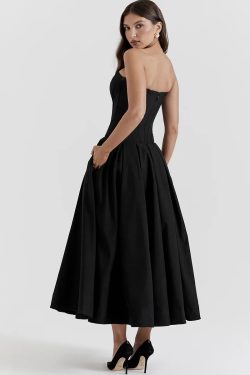 Black Plunge Corset Midi Dress