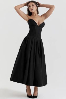Black Plunge Corset Midi Dress