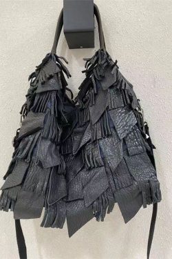 Black Sheepskin Patchwork Tassel Single Shoulder Crossbody Bag