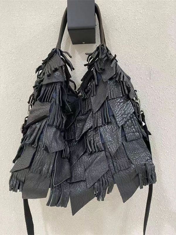 Black Sheepskin Patchwork Tassel Single Shoulder Crossbody Bag