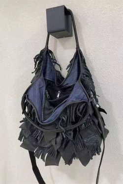 Black Sheepskin Patchwork Tassel Single Shoulder Crossbody Bag