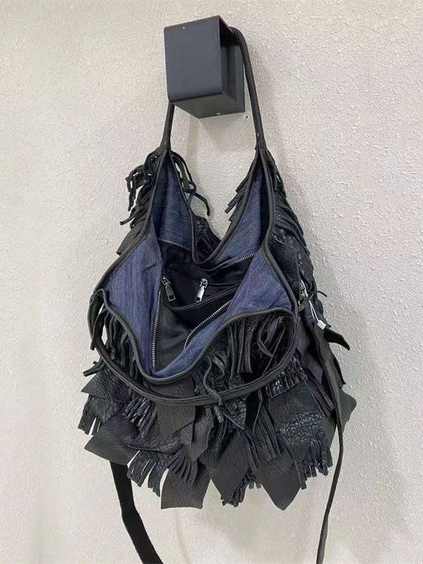 Black Sheepskin Patchwork Tassel Single Shoulder Crossbody Bag