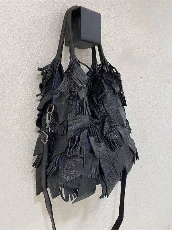 Black Sheepskin Patchwork Tassel Single Shoulder Crossbody Bag