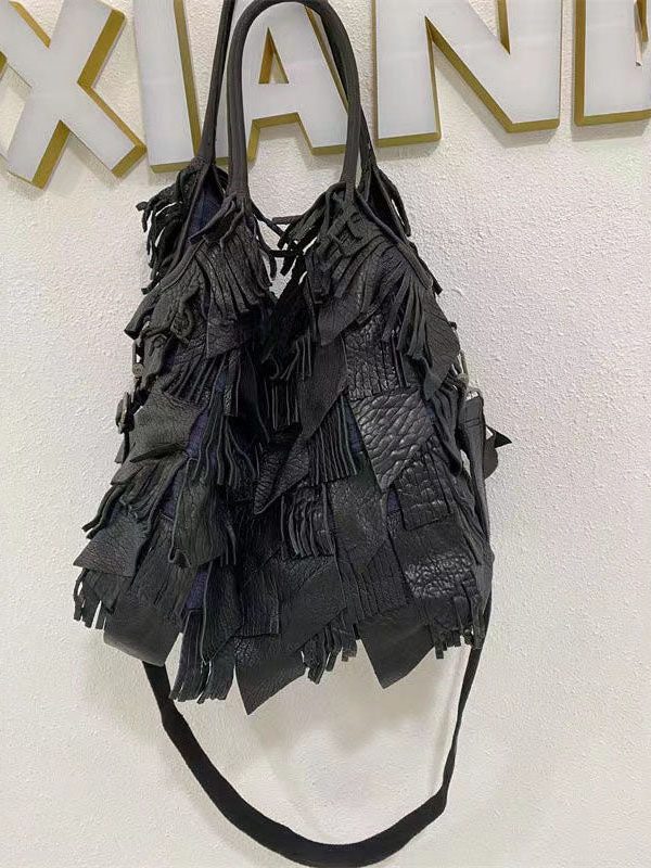 Black Sheepskin Patchwork Tassel Single Shoulder Crossbody Bag