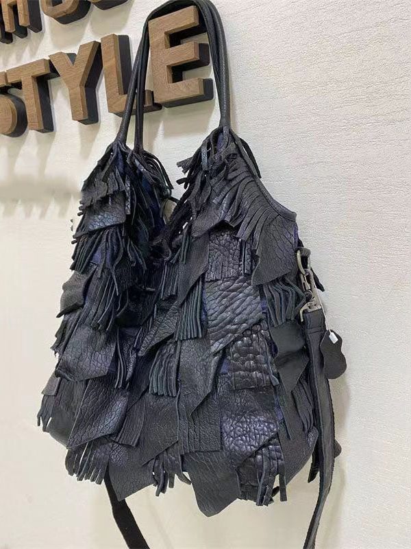 Black Sheepskin Patchwork Tassel Single Shoulder Crossbody Bag