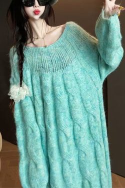 Blue Cozy Cable Knit Sweater Dress Hollow Out