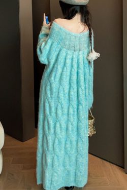 Blue Cozy Cable Knit Sweater Dress Hollow Out