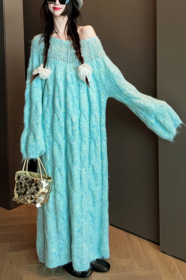 Blue Cozy Cable Knit Sweater Dress Hollow Out