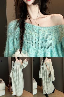 Blue Cozy Cable Knit Sweater Dress Hollow Out
