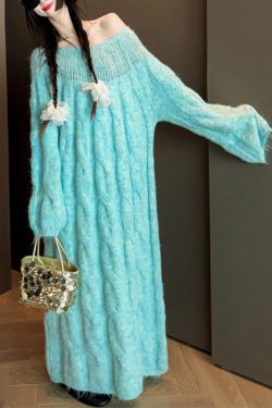 Blue Cozy Cable Knit Sweater Dress Hollow Out