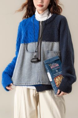 Blue Denim Patchwork Cable Knit Sweater Tops Asymmetrical