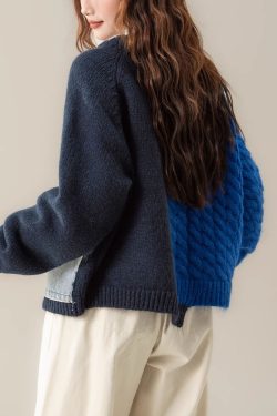 Blue Denim Patchwork Cable Knit Sweater Tops Asymmetrical