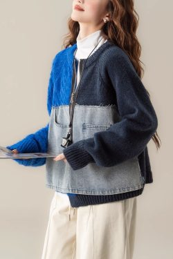Blue Denim Patchwork Cable Knit Sweater Tops Asymmetrical