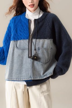 Blue Denim Patchwork Cable Knit Sweater Tops Asymmetrical