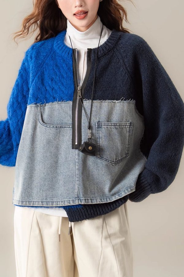Blue Denim Patchwork Cable Knit Sweater Tops Asymmetrical