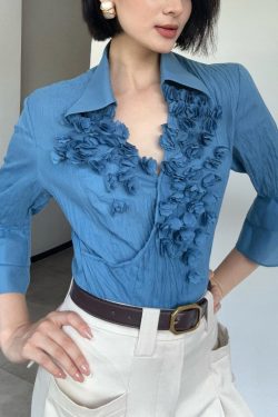 Blue Floral Cotton Shirt Top Peter Pan Collar Flare Sleeve