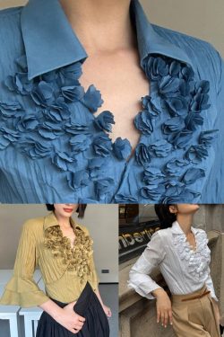 Blue Floral Cotton Shirt Top Peter Pan Collar Flare Sleeve