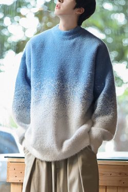 Blue Gradient Color Thick Knit Winter Men Sweater O Neck