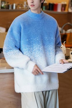Blue Gradient Color Thick Knit Winter Men Sweater O Neck