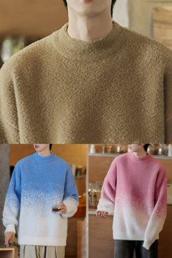 Blue Gradient Color Thick Knit Winter Men Sweater O Neck
